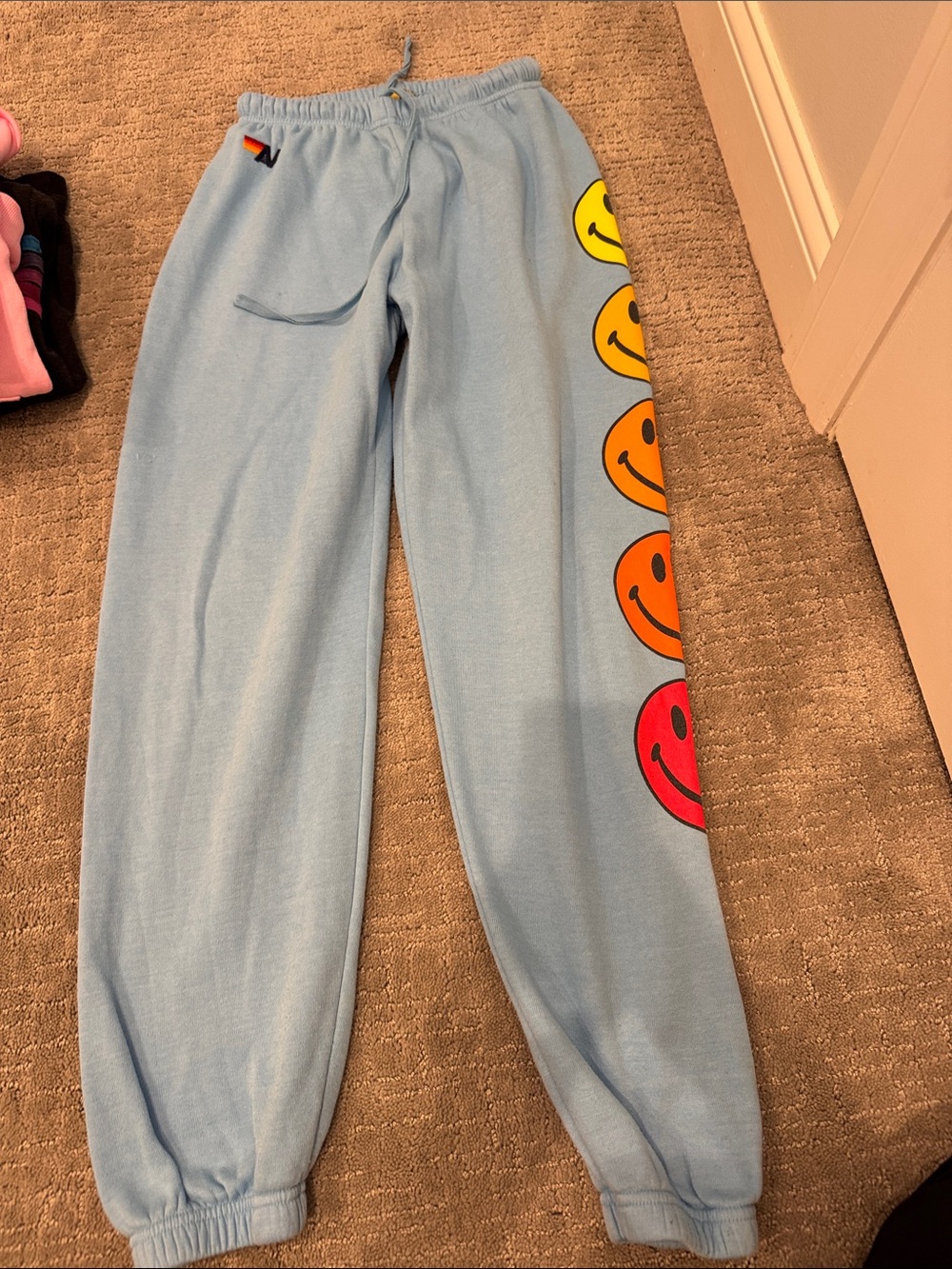 Aviator Nation Light Blue Sweatpants with Rainbow Smiley Faces